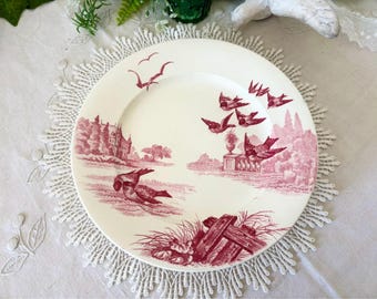 Antique Faïencerie Franco-Anglaise Nuée d’Oiseaux Red Compotier French Terre de Fer Bird Transferware Cake Stand 19th Century