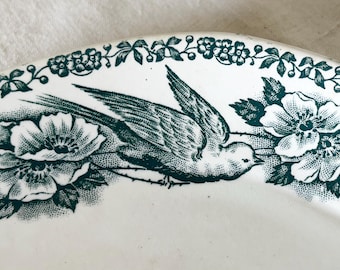 French Antique St Amand Mésanges Ravier Dish, Green Bird Transferware, Terre de Fer Serving Dish, French Ironstone