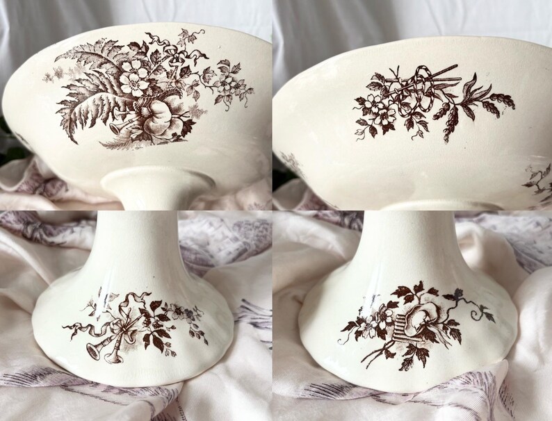 Pode incluir: Um suporte para bolo de cer&acirc;mica branca com um design floral castanho. O suporte tem uma borda ondulada e uma base larga.