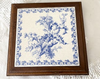 Antique Gien Chardon Ceramic Tile Trivet, French Thistle Decor, Small Vintage Tile, Cottage Style France