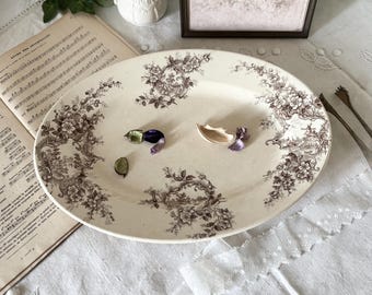 Antique Choisy le Roi Pompadour Oval Plate, French Terre de Fer Brown Transferware Platter, Rare Oval Serving Dish France