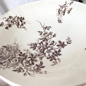 Pode incluir: Uma tigela de cer&acirc;mica branca com um padr&atilde;o floral castanho. A tigela apresenta um design delicado de rosas e folhas.