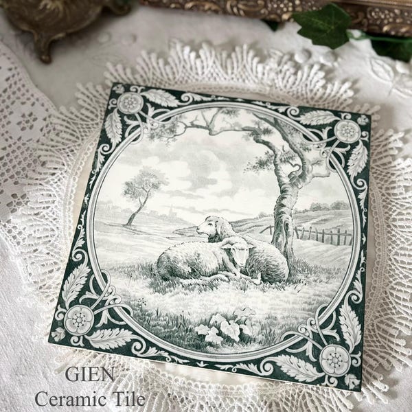 Antique French Gien Tile – Sheep Motif Trivet, Ceramic Wall Decor, Farmhouse Style ジアン/ 鍋敷き /セラミックタイル / 羊 / フレンチアンティーク