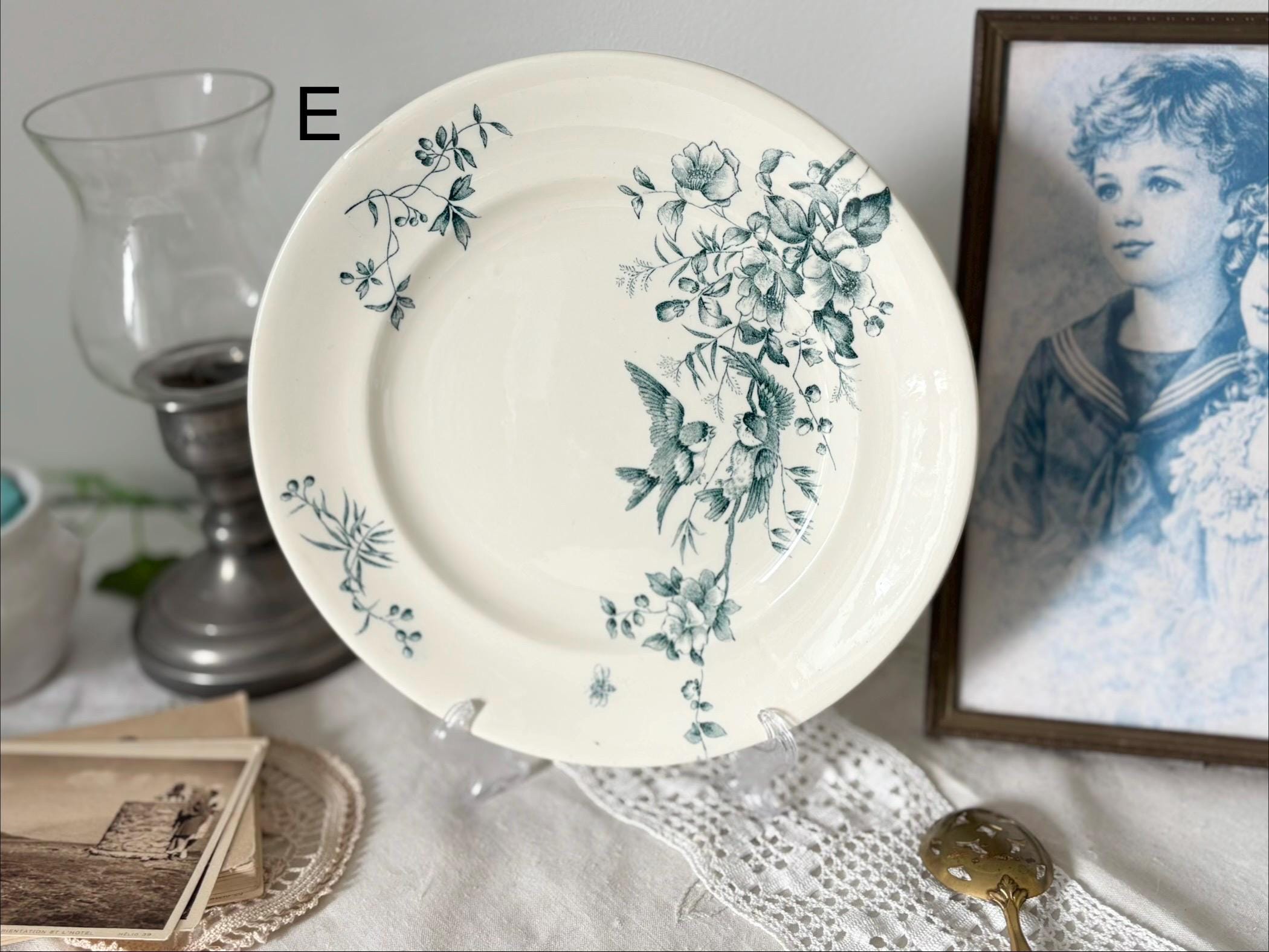 Antique Longwy Mignon Plate 21.5cm French Blue Transferware Bird 