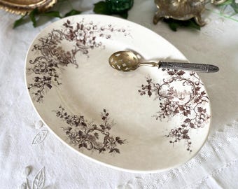 30.5cm HB&Cie Choisy-le-Roi Pompadour Oval Platter – French Antique Brown Transferware Terre de Fer Serving Plate art nouveau