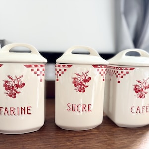 Le Comptoir de Famille / Rood Meel, suiker, koffiepot set / voorraadbussen / keukenpotten en containers / Frankrijk / Franse potten, pannen en containers