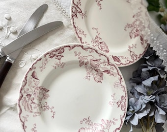 Antique K&G Luneville Fontainebleau Red Transferware Dinner Plate, French Art Nouveau Faience, Bordeaux Floral Decor, France Vintage