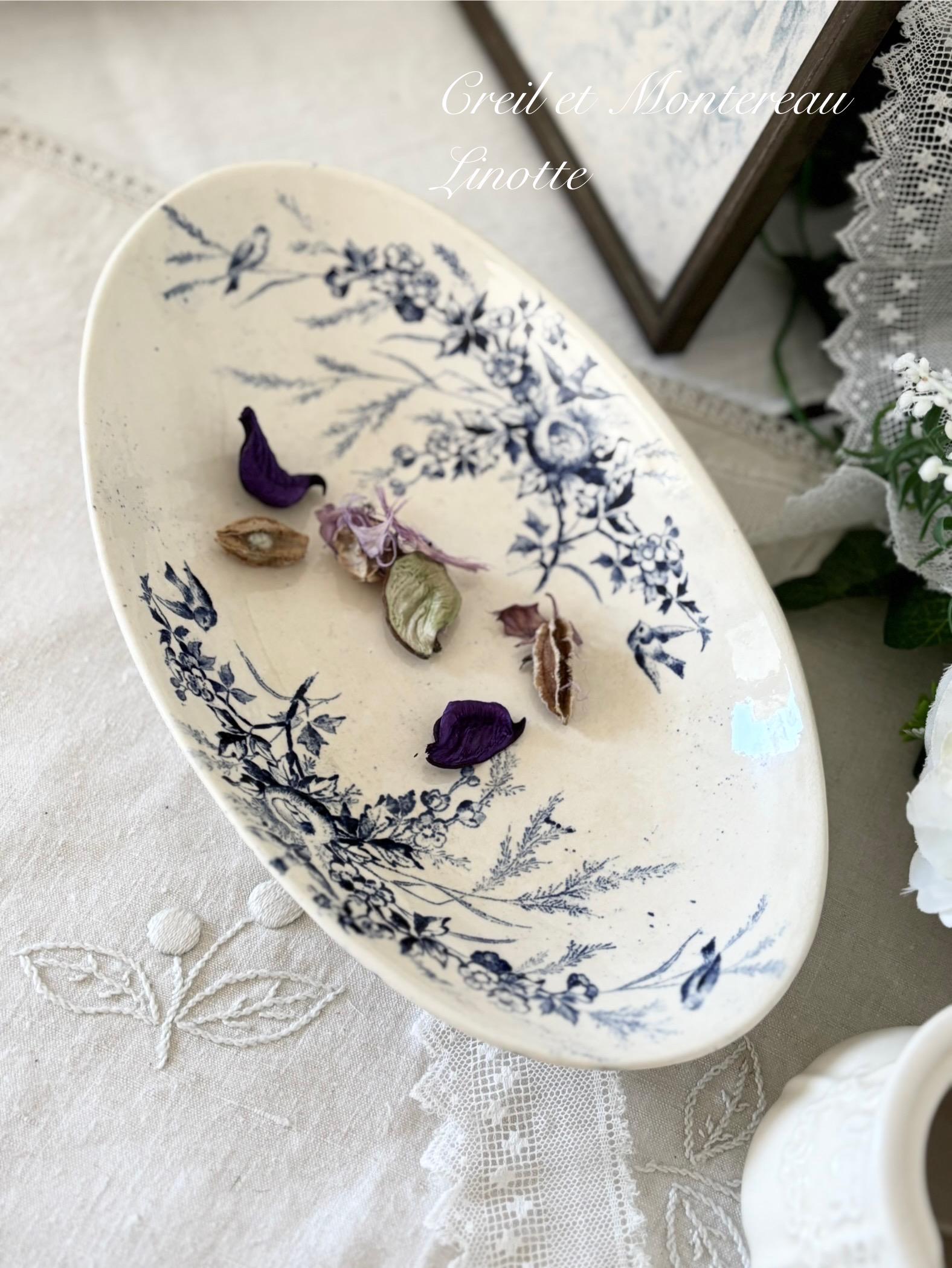 Antique French Creil Et Montereau Linotte Bird Transferware Ravier
