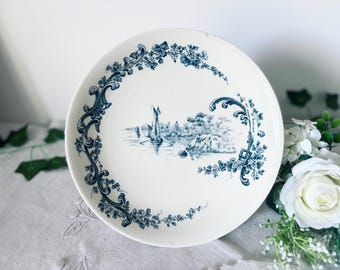 Antique french longwy pompadour compotier blue transferware pedestal dish french faience centerpiece footed serving bowl rococo decor