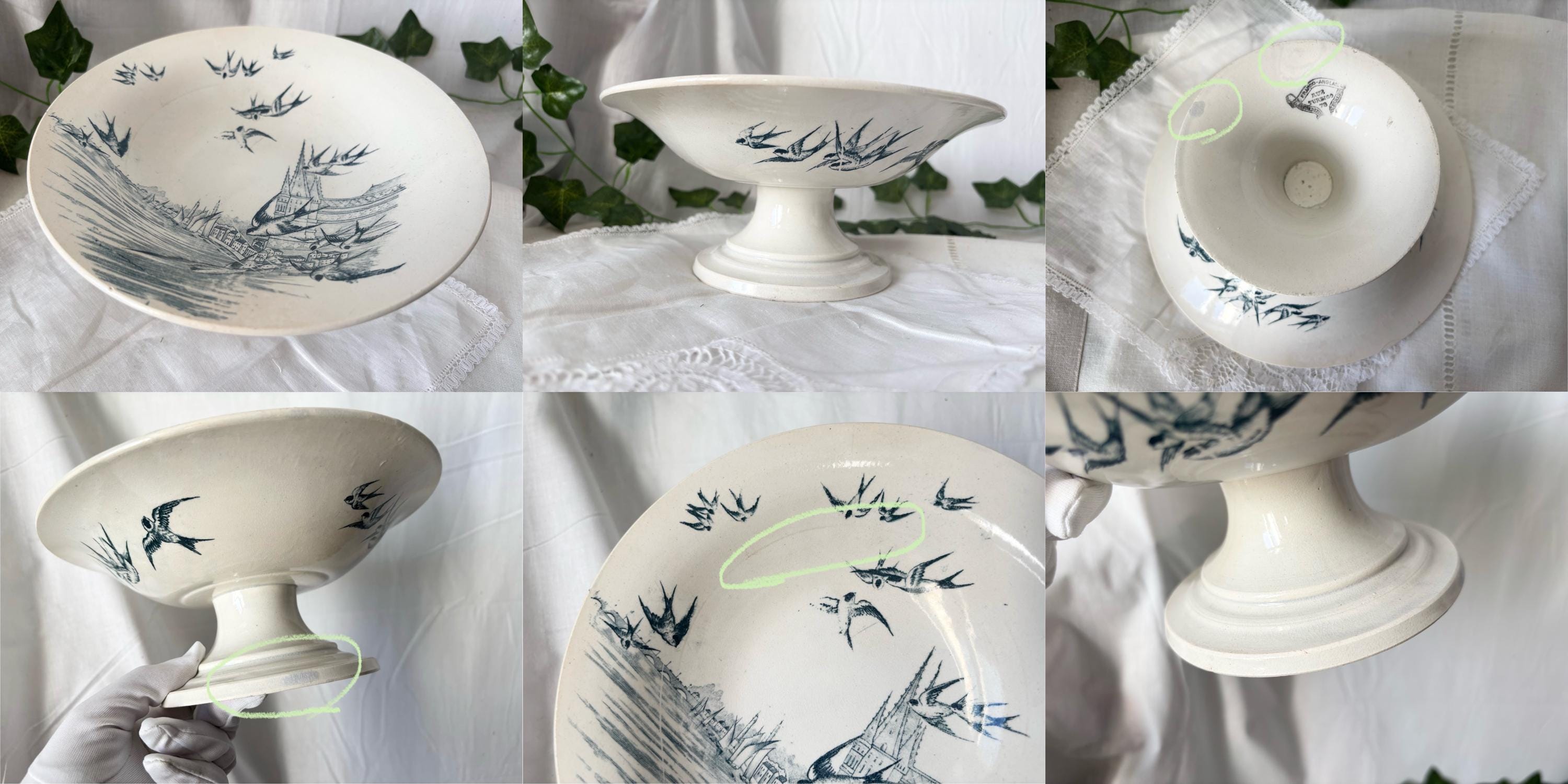 Antique French Terre de Fer Compotier – Swallow Motif, Navy Blue