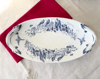Antique French Creil et Montereau Bocage Bird Ravier Terre de Fer Transferware Oval Serving Plate 1890s Vintage