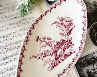 Antique French GIEN Chardons Ravier Red Thistle Transferware Dish, 19th Century Terre de Fer Ironstone Serving Plate, French Tableware