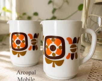 Arcopal “Mobile” Small pitcher / Large Pouring Mug / Vintage French Milk Glass Jug Cup / 70s Orange Brown Geometric Pattern