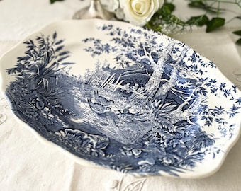 Antique French Oval Plate Luneville English Style Blue Bird Transferware Serving Dish リュネヴィル オーバルプレート　鳥　フランス　アンティーク ビンテージ