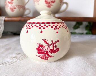 Comptoir de Famille Sugar Pot, French Farmhouse Cherry Sugar Bowl, Vintage Country Kitchen Decor France / Vintage Sugar Pot Cherry Check