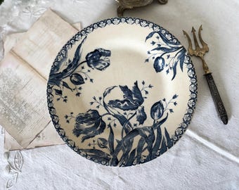 Antique GIEN Terre de Fer Plate – Tulipes – Blue Transferware – French Ironstone – 19th Century