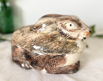 Vintage Michel Caugant Rabbit Terrine Pot – Large Brown Bunny Pâté Dish – French Ceramic Animal Tureen – France