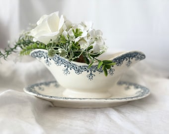 Salsera Creil et Montereau antigua, Terre de Fer Saucier, Salsera francesa Transferware, Francia del siglo XIX