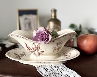 Antique Creil et Montereau Sylva Gravy Boat / Terre de Fer Brown Bird Saucier France/ クレイユエモントロー / テールドフェール / ソーシエール / 鳥 ブラウン フランス アンティーク