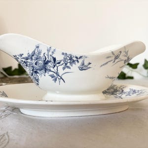 Salsera francesa antigua Creil et Montereau Linotte, salchicha, transferware de aves Terre de Fer / Creil et Montereau Terre de Fer salchicha de pájaro antigua francesa