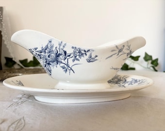 Antique French Creil et Montereau Linotte gravy boat, Saucier, Bird Transferware  Terre de Fer / クレイユエモントロー テールドフェール 鳥 ソーシエール  フランス アンティーク