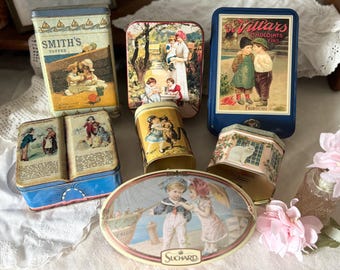 Set of 7 Vintage Chocolate Tin Boxes – European Candy Tins Suchard & Smith’s Toffee, Decorative Storage Containers, Collectible Kitchen Deco