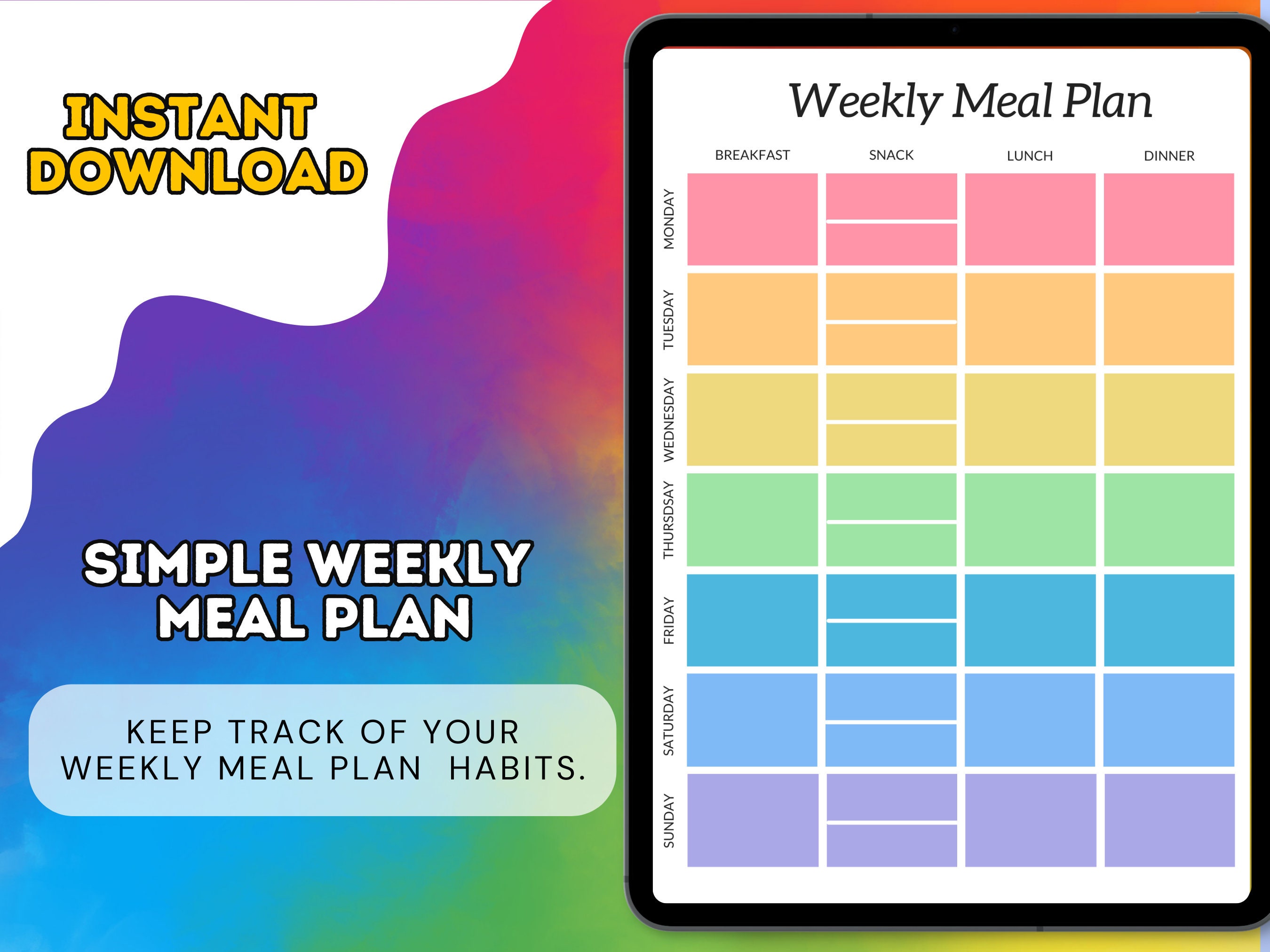 Simple Weekly Meal Plan- Weekly Diet Tracker - Food Tracker - Meal Planner- Food Diary - Food Journal - Printable - Instant Download