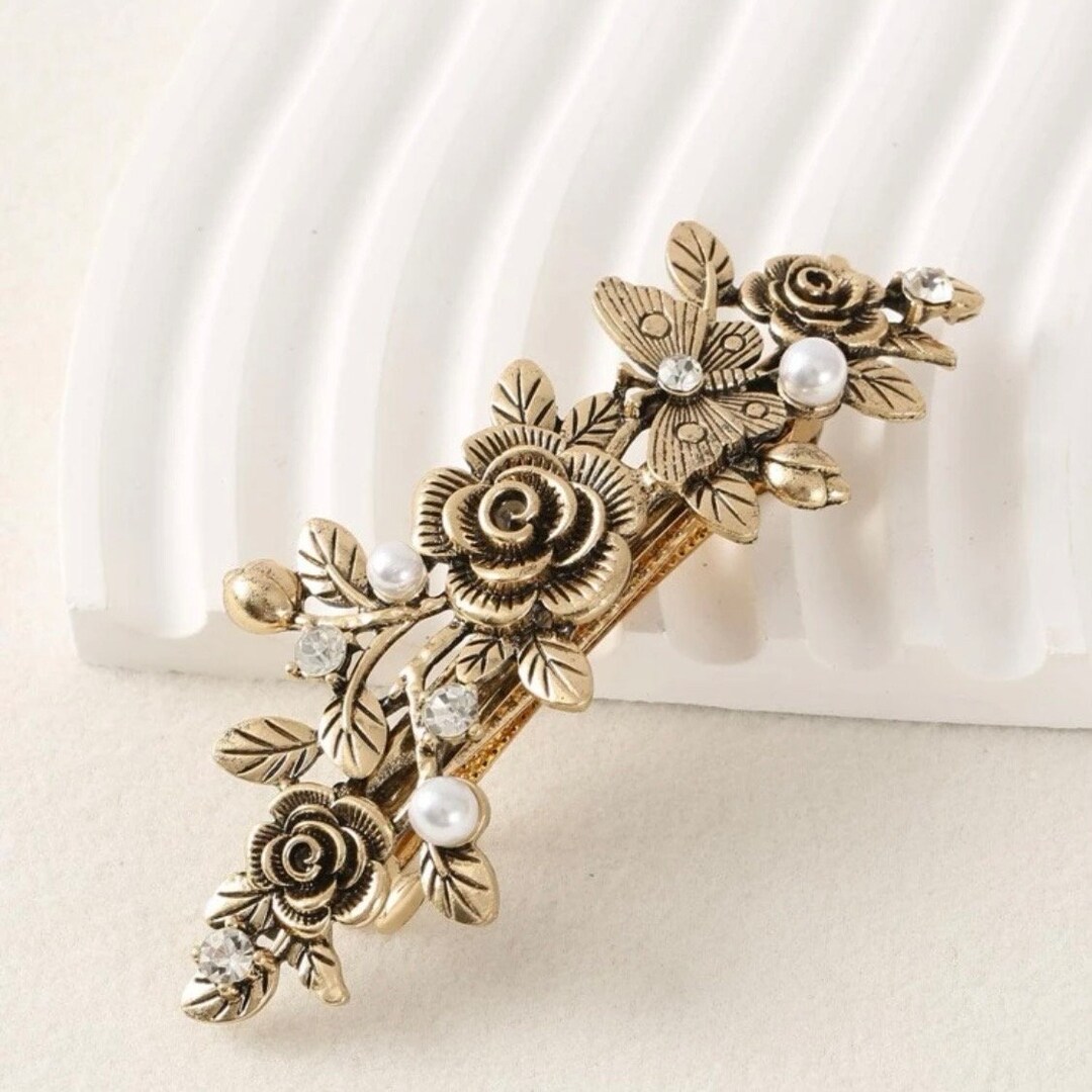 Large Gold Hair Claw Clip, Metal French Vintage Style, Luxurious Pearl