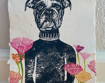 English Bulldog in Poppy Field Linocut Relief Print, Handmade Original