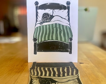 Dog Asleep in Bed Hand-Printed Linocut Print, handmade original
