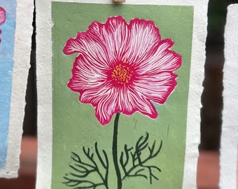 Cosmos Flower Reduction Linocut Print, hand-printed on handmade paper