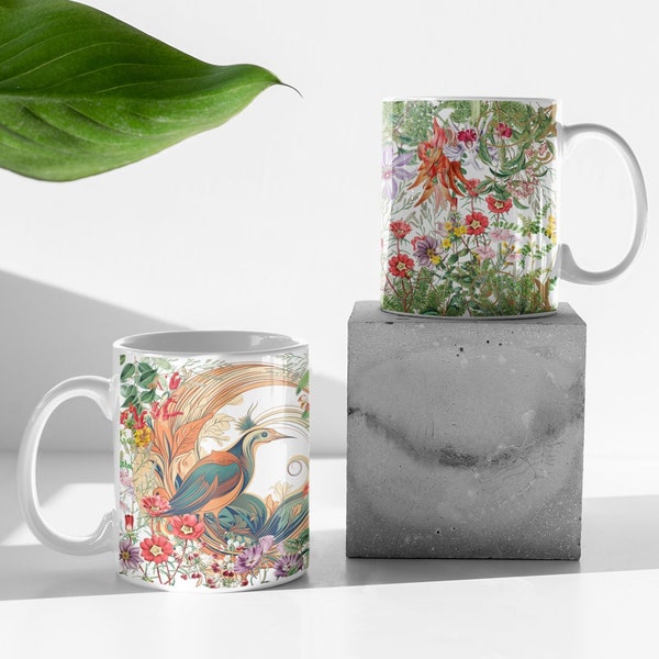 Phoenix botanical flowers wrap around design coffee mug, botanical gift, flower coffee mug, phoenix coffee mug, botanical coffee mug