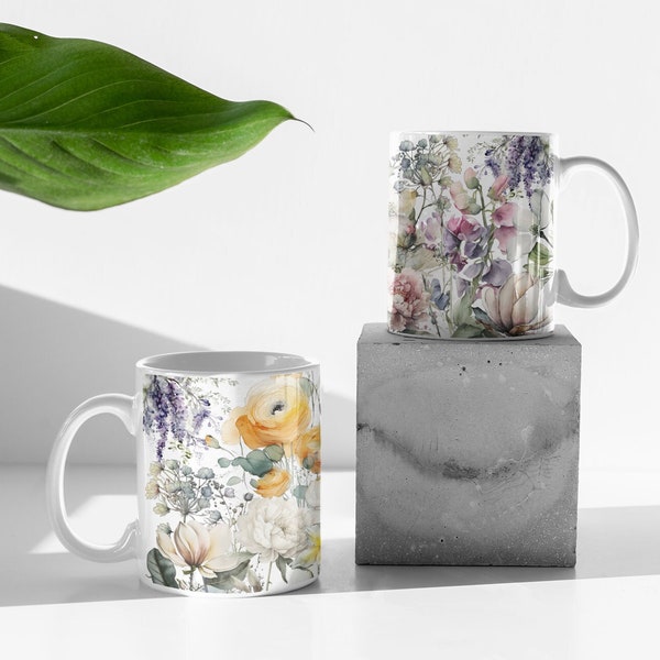 Watercolor flower wrap around design cup, Nature coffee mug, Nature gifts, Cottagecore, Boho coffee, Boho flower mug, Boho coffee cup