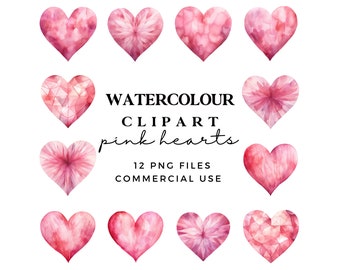 Pink Hearts Clipart - Watercolour Clip Art - Valentines Hearts - Love Hearts Clipart - Transparent PNGs with Commercial Use