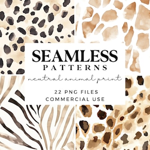 Patrones sin costuras con estampados de animales neutros - Fondo digital - Papeles para álbumes de recortes imprimibles - Patrón de safari - Estampado de leopardo - Estampado de jirafa
