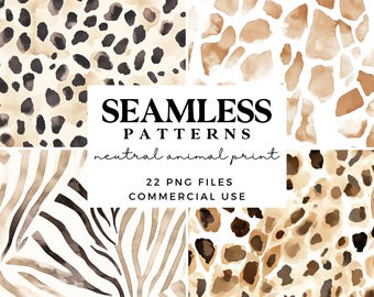 Neutral Animal Print Seamless Patterns - Digital Background -  Printable Scrapbook Papers - Safari Pattern - Leopard Print - Giraffe Print