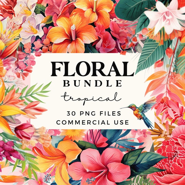 Tropical Flowers Clipart Bundle - Seamless Patterns & Floral Clip Art Elements - Exotic Flowers Clipart Set - Commercial Use Transparent PNG