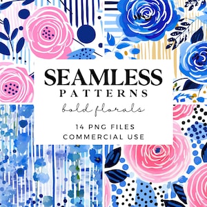 Padrão floral ousado sem costura - fundo digital em azul e rosa - papéis para impressão de flores retrô - papel de scrapbook moderno de meados do século