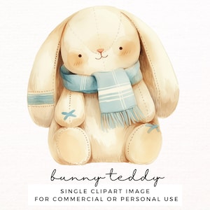 Cute Bunny Teddy Clipart - Vintage Plush Stuffed Rabbit Toy Clipart para arte de parede de berçário, crianças, chás de bebê - uso comercial transparente