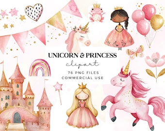ユニコーンプリンセスのクリップアートセット：ピンク＆ゴールドの水彩グラフィック（デジタルダウンロード）