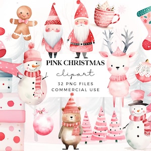 Bundle de cliparts Noël aquarelle rose pour usage commercial - fichiers PNG transparents - collection pastel vacances - Style scandinave moderne