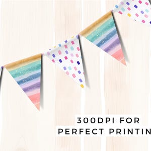 May include: Watercolor banner flags in pastel colors, including pink, blue, and yellow, are strung together. Some flags have a rainbow design, while others feature colorful dots. The text "300DPI FOR PERFECT PRINTING" is at the bottom.