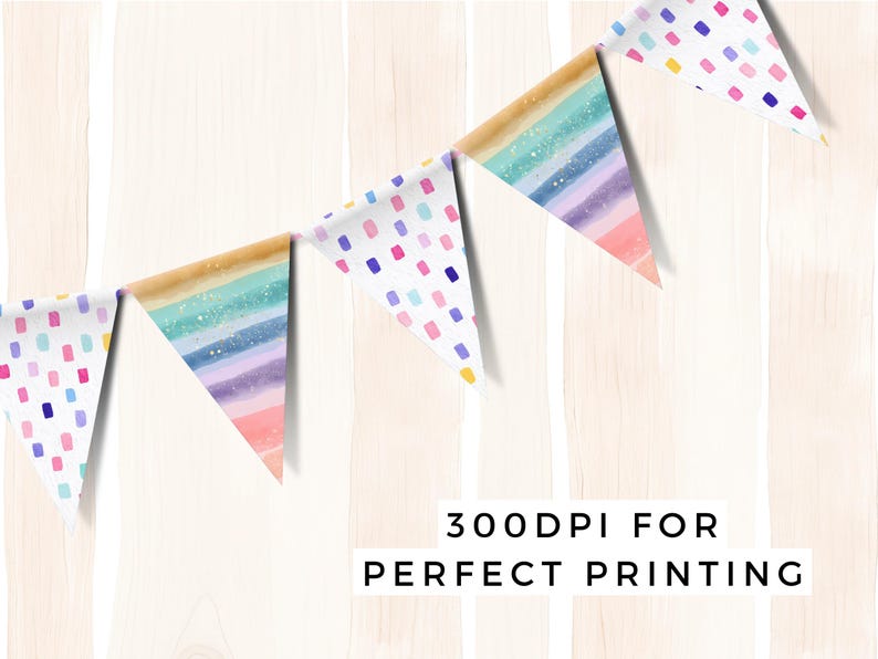 May include: Watercolor banner flags in pastel colors, including pink, blue, and yellow, are strung together. Some flags have a rainbow design, while others feature colorful dots. The text "300DPI FOR PERFECT PRINTING" is at the bottom.