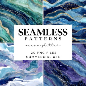 Puede incluir: Una colección de arte digital de patrones sin costuras con diseños inspirados en el océano. Los patrones presentan remolinos de azules, verdes y morados con acentos de purpurina dorada. La imagen incluye el texto "SEAMLESS PATTERNS ocean glitter 20 PNG FILES COMMERCIAL USE."