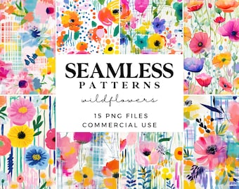 Bright Wildflower Seamless Patterns - Colourful Flowers Digital Backgrounds - Printable Floral Wrapping Paper - Scrapbook Paper