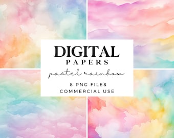 Watercolour Rainbow Digital Paper - Card Making - Pastel Rainbow Background Paper - Digital Download PNG for Commercial Use - Rainbow Sky