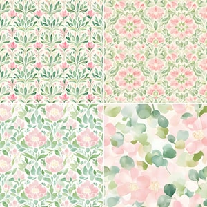 May include: Four different floral patterns with pink flowers and green leaves on a white background. The patterns are seamless and can be used for various design projects.