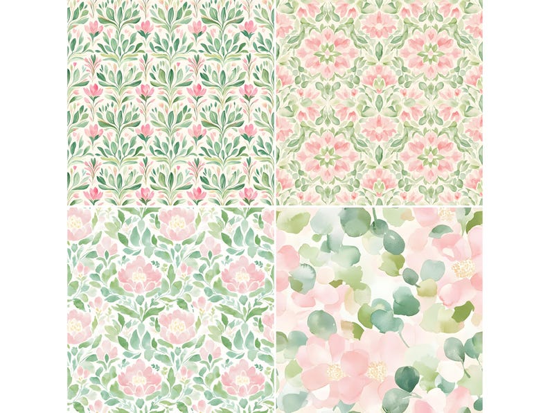 May include: Four different floral patterns with pink flowers and green leaves on a white background. The patterns are seamless and can be used for various design projects.