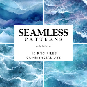 Könnte beinhalten: Eine digitale Collage mit vier nahtlosen Mustern zum Thema Ozean in Blau- und Türkistönen. Die Muster zeigen Wellen und Wassertexturen. Der Text "SEAMLESS PATTERNS ocean" ist enthalten, sowie Details zu den Dateien.