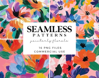 Painterly Floral Seamless Patterns - Colourful Flowers Digital Backgrounds - Printable Flower Scrapbook Paper - Sublimation Designs